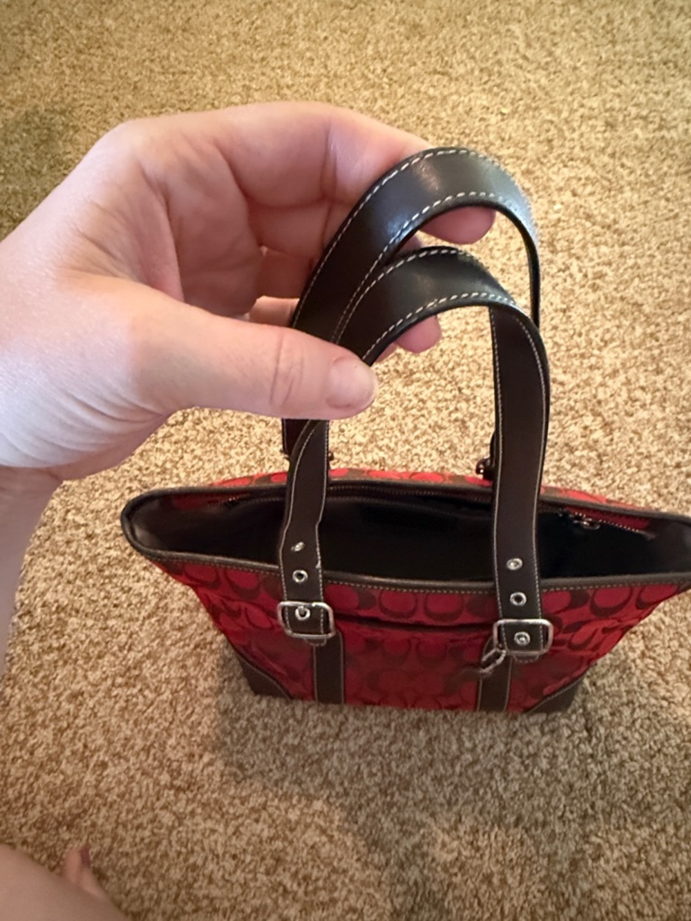 Coach Signature-Print handbag red with Dark Brown Trim - Picture 4 of 6